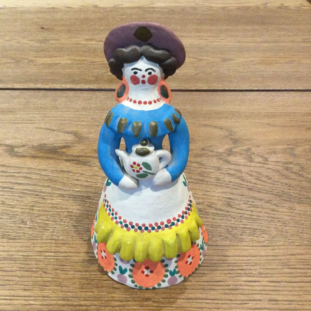 Russian Dymkovo Woman Orange Floral Dress Clay Figurine Folk Art Handmade